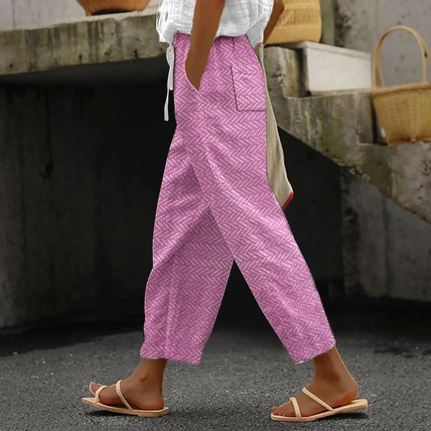 Women's Cotton Linen Pants Wide Leg Casual Loose Drawstring High Waist Palazzo Trousers Lightweight Pants