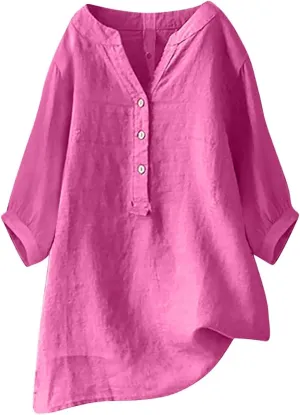 Womens Cotton Linen Shirts Solid 3/4 Sleeve Tunic Tops Oversized Tshirts Casual V Neck Dressy Blouses