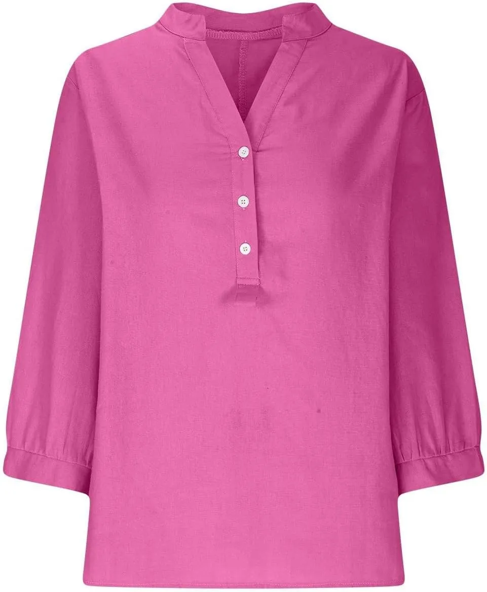 Womens Cotton Linen Shirts Solid 3/4 Sleeve Tunic Tops Oversized Tshirts Casual V Neck Dressy Blouses