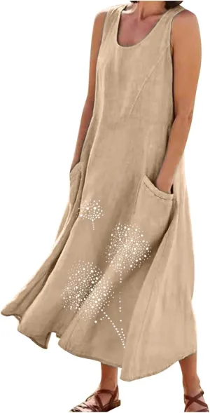 Womens Cotton Linen Summer Dresses Cute Flower Graphic Print Sundress Casual Sleeveless Loose Midi Dresse