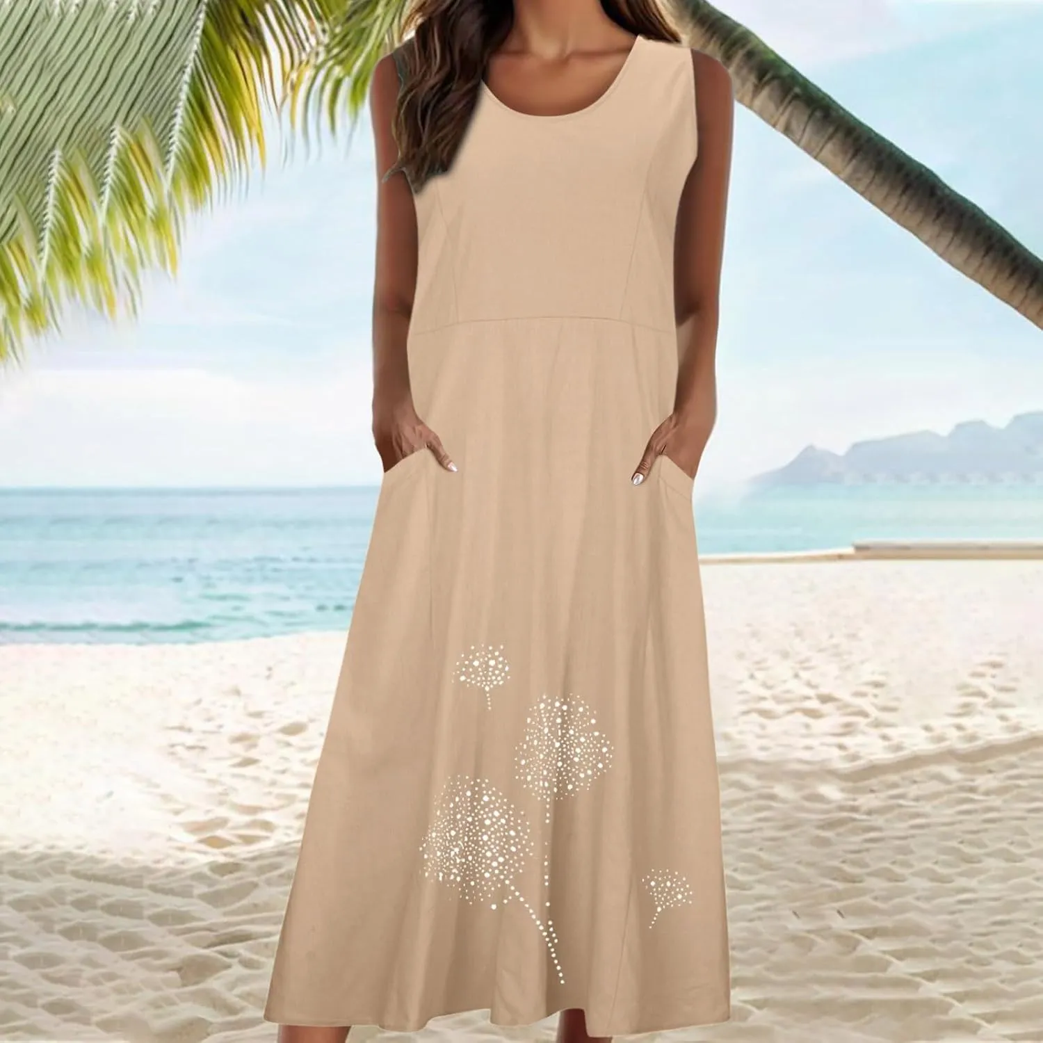 Womens Cotton Linen Summer Dresses Cute Flower Graphic Print Sundress Casual Sleeveless Loose Midi Dresse