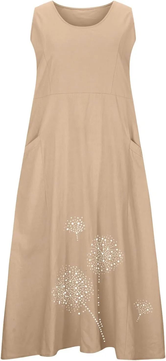 Womens Cotton Linen Summer Dresses Cute Flower Graphic Print Sundress Casual Sleeveless Loose Midi Dresse