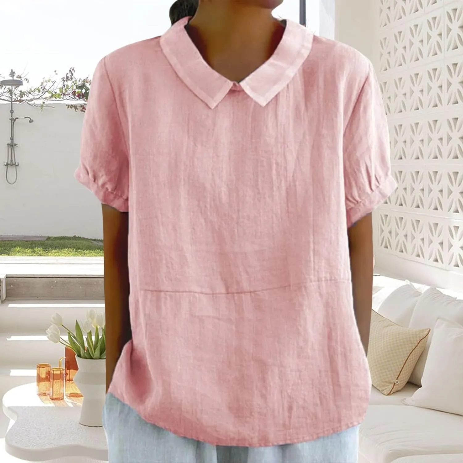 Women's Cotton Shirts Cute Peter Pan Collar Blouse Women Summer Cotton Tops Puff Sleeve Casual Cotton Tunic Tops