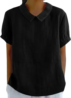 Women's Cotton Shirts Cute Peter Pan Collar Blouse Women Summer Cotton Tops Puff Sleeve Casual Cotton Tunic Tops