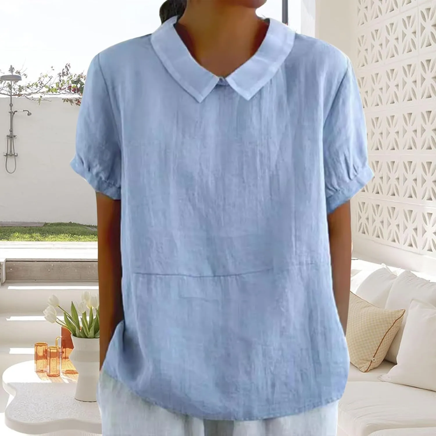 Women's Cotton Shirts Cute Peter Pan Collar Blouse Women Summer Cotton Tops Puff Sleeve Casual Cotton Tunic Tops