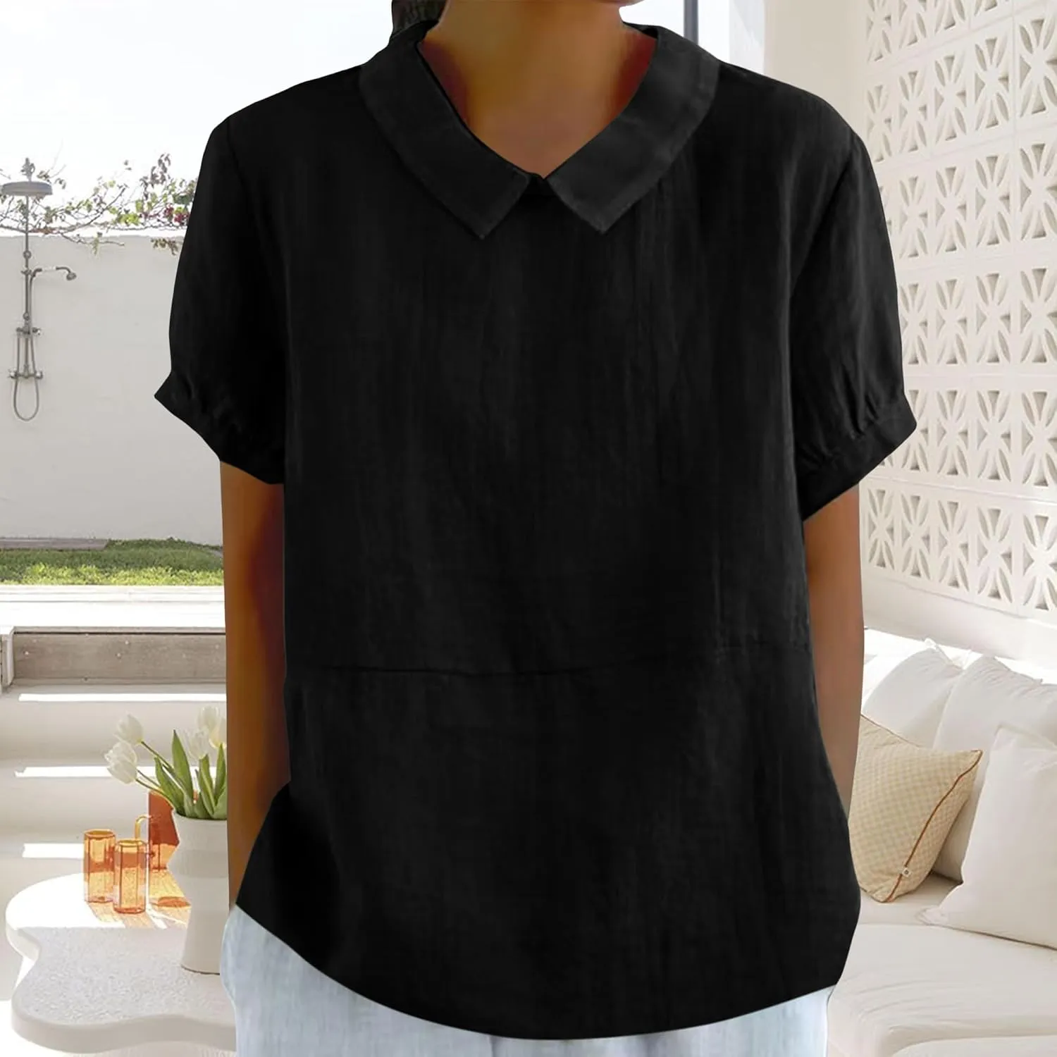 Women's Cotton Shirts Cute Peter Pan Collar Blouse Women Summer Cotton Tops Puff Sleeve Casual Cotton Tunic Tops