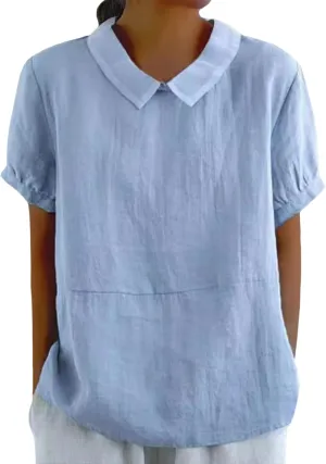 Women's Cotton Shirts Cute Peter Pan Collar Blouse Women Summer Cotton Tops Puff Sleeve Casual Cotton Tunic Tops