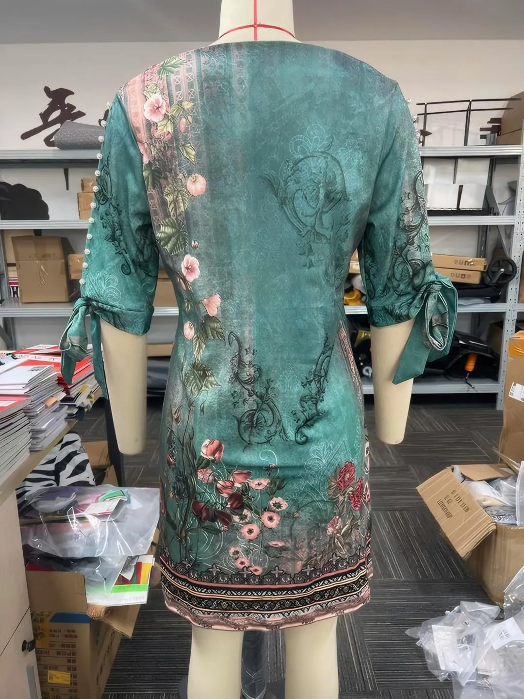 Women's Formal Dress Vintage Floral Print Beaded Split 3/4 Sleeve Bohemian Mini Dress
