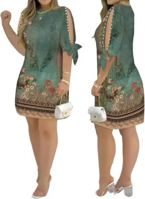 Women's Formal Dress Vintage Floral Print Beaded Split 3/4 Sleeve Bohemian Mini Dress