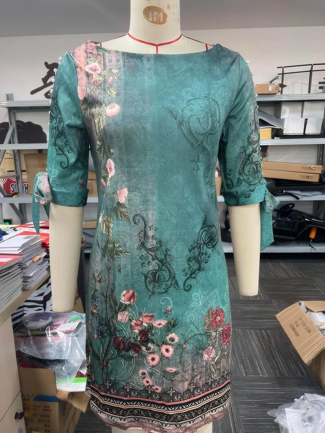Women's Formal Dress Vintage Floral Print Beaded Split 3/4 Sleeve Bohemian Mini Dress
