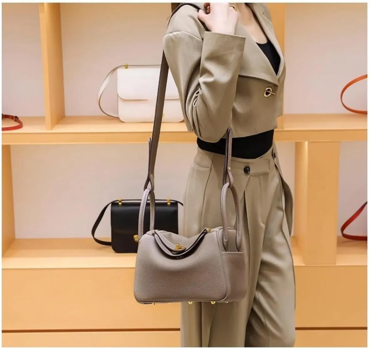 Women's Genuine Leather Crossbody Bag, Square Design with Fixed Shoulder Strap, Daily Use Handbag, 7.5x4x5 Inches