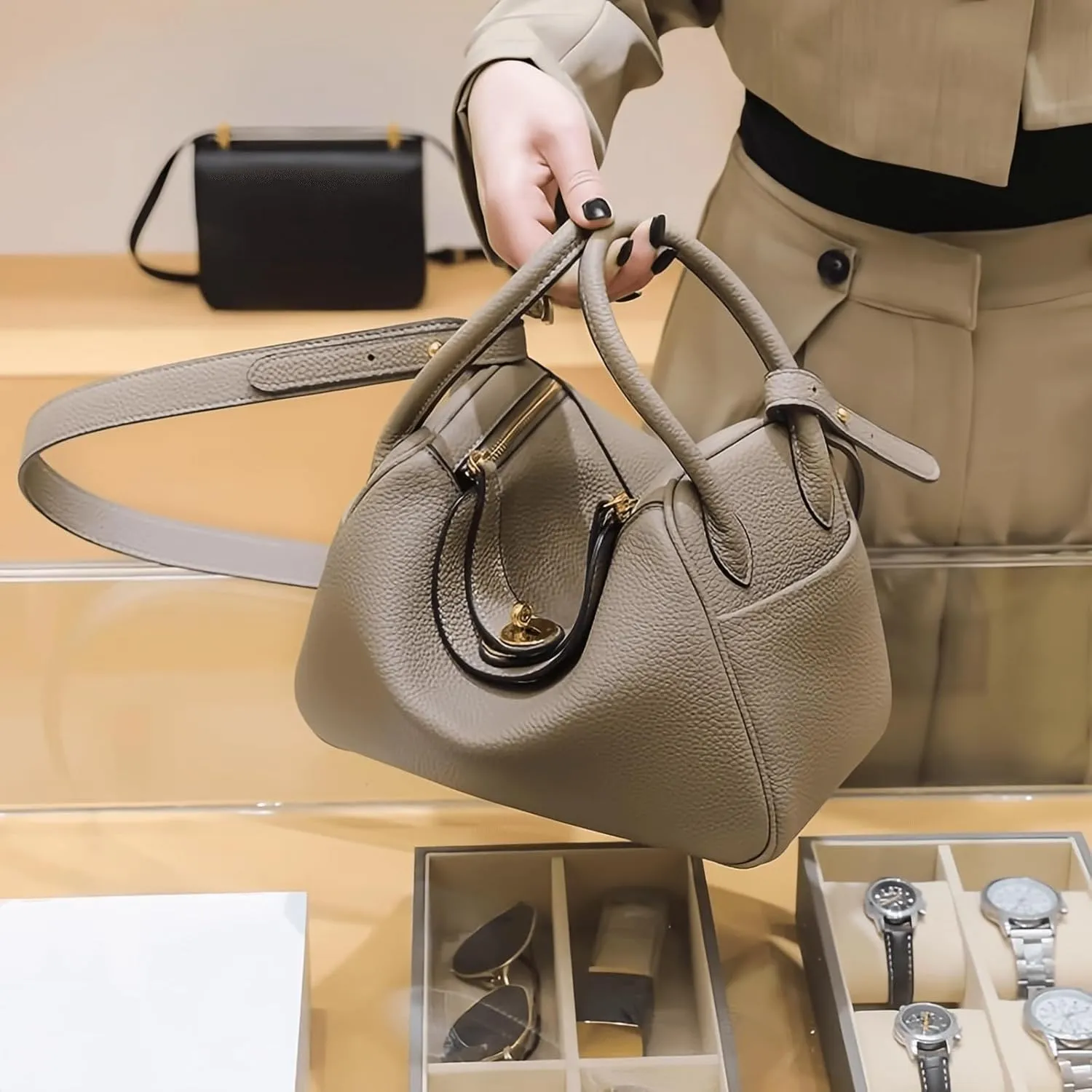 Women's Genuine Leather Crossbody Bag, Square Design with Fixed Shoulder Strap, Daily Use Handbag, 7.5x4x5 Inches