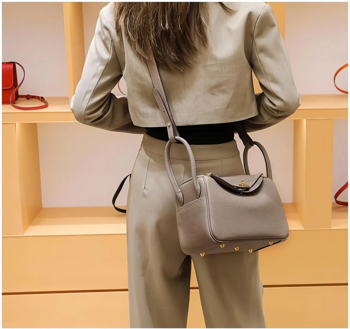 Women's Genuine Leather Crossbody Bag, Square Design with Fixed Shoulder Strap, Daily Use Handbag, 7.5x4x5 Inches