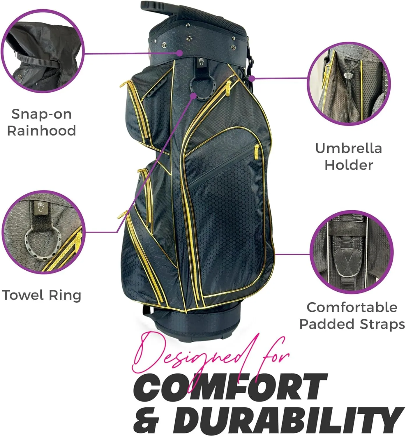 Womens Golf Bag - Taboo Fashions Lightweight Ladies Cart Bag, 14-Way, 7 Zippered Pockets, Rain Hood, Tee Holder, with Insulated Cooler Beverage Compartment