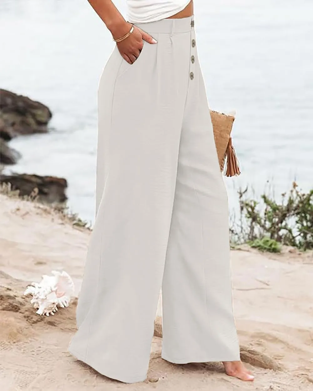 Womens High Waisted Wide Leg Palazzo Pants Casual Lounge Boho Flowy Pants with Pockets