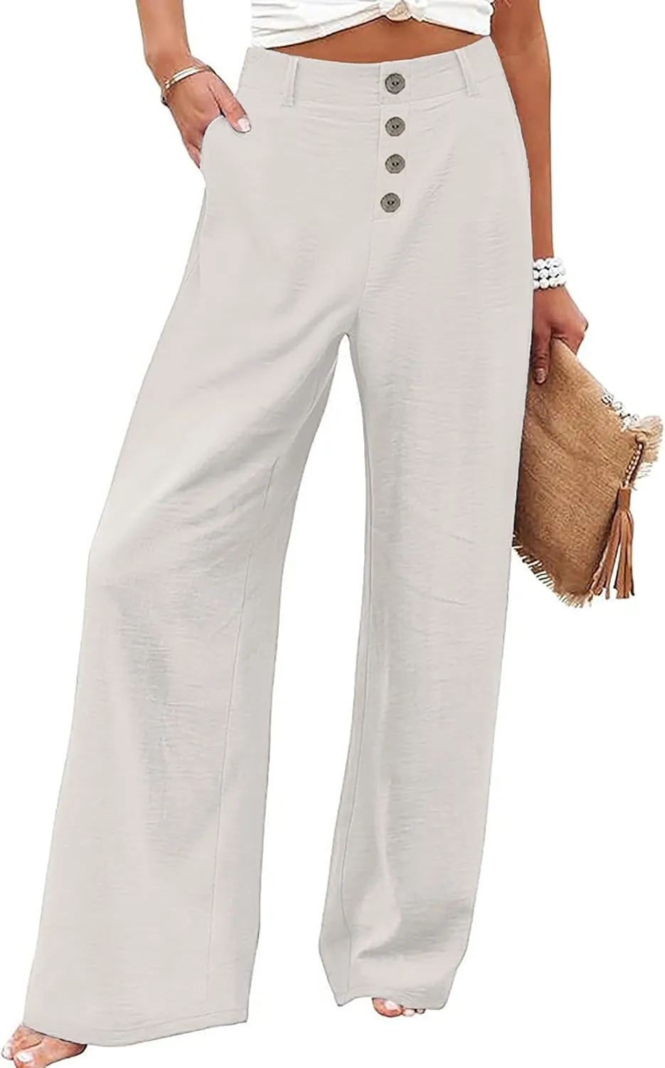 Womens High Waisted Wide Leg Palazzo Pants Casual Lounge Boho Flowy Pants with Pockets