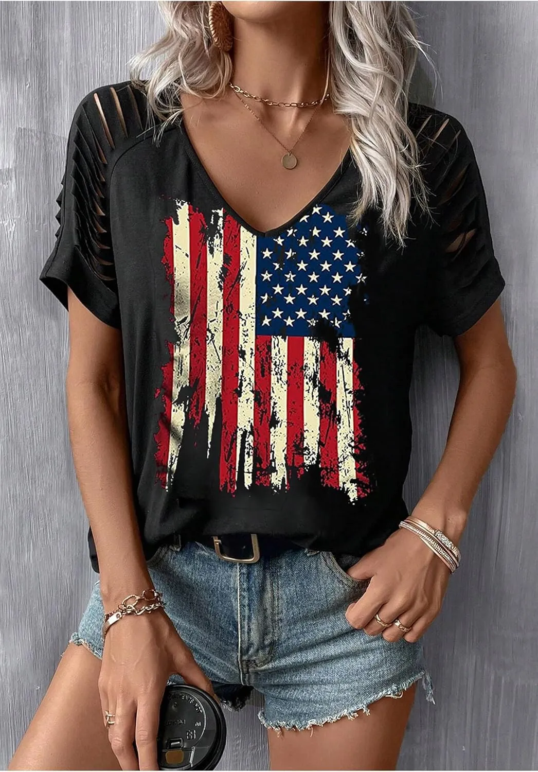 Women's July 4th Patterned USA Flag Patriotic T-Shirt 1776 Retro Casual Shirt Summer Casual Loose Sexy Joker top