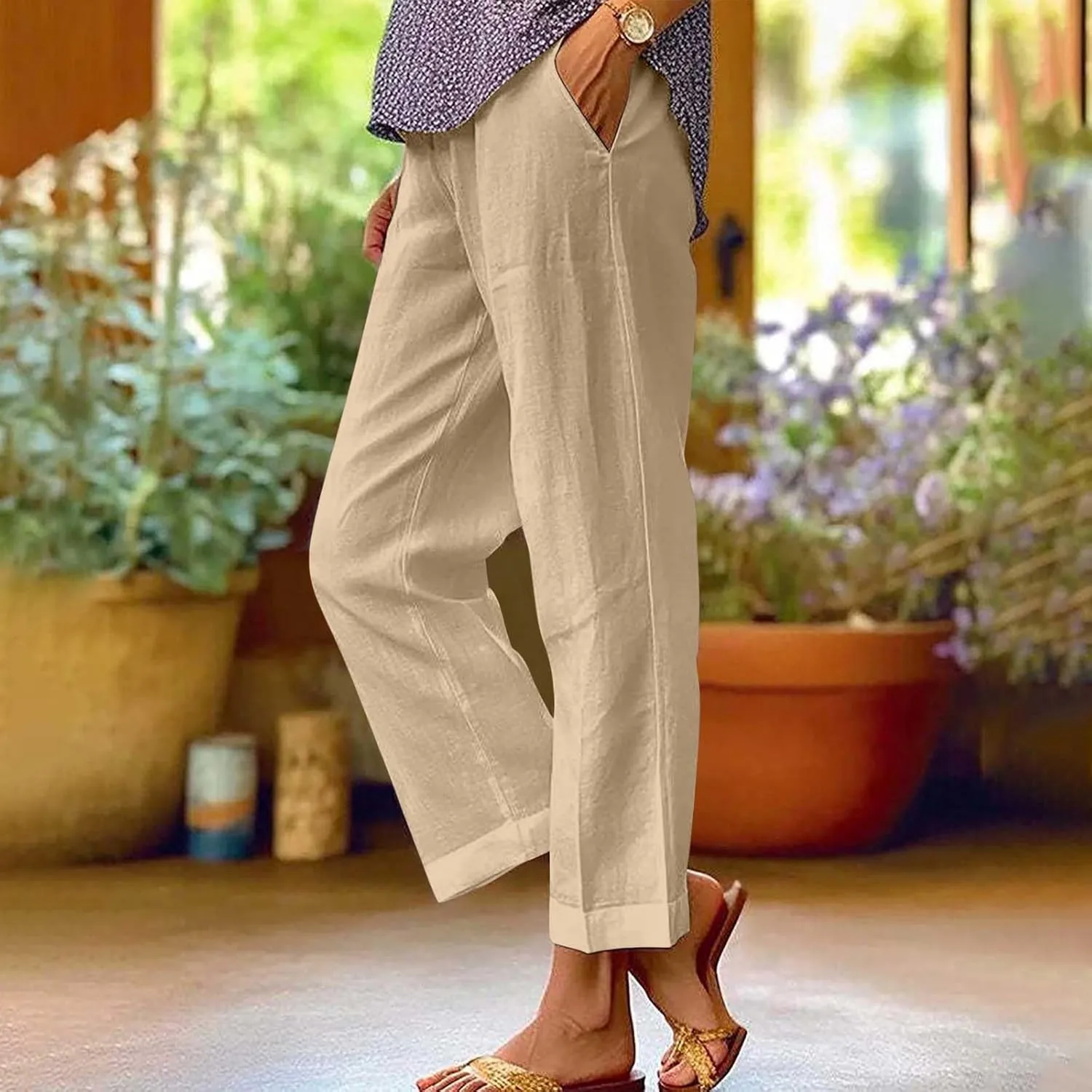 Womens Linen Pants with Pockets Lounge Pant High Waist Pants Comfy Soild Pants Casua Lightweight Loose Trousers 2025