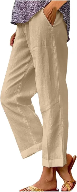 Womens Linen Pants with Pockets Lounge Pant High Waist Pants Comfy Soild Pants Casua Lightweight Loose Trousers 2025