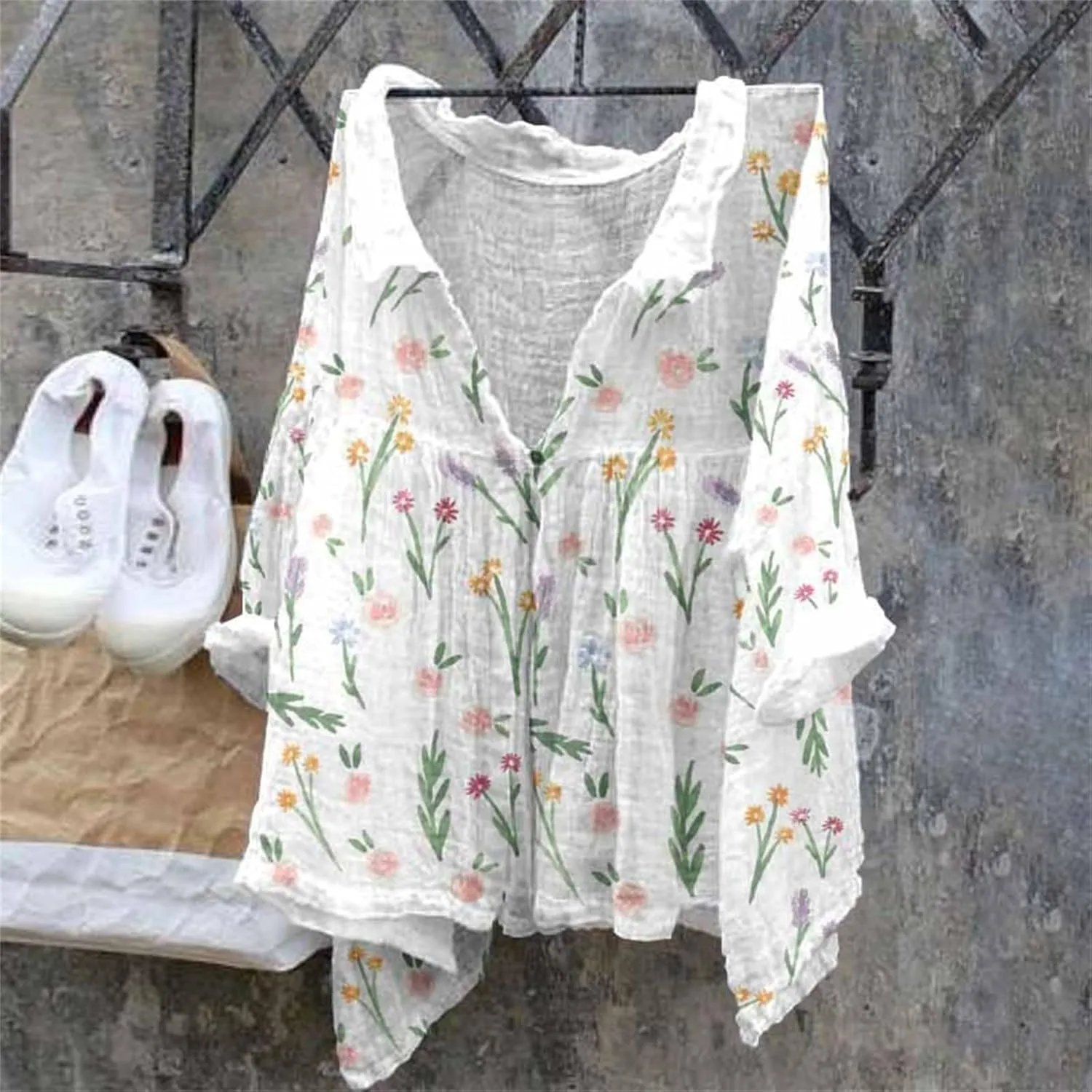 Womens Linen Tops Print Natural Autumn Fragrant Fabric Shirt Women Button Down Shirt Womens Linen Button Down Shirts