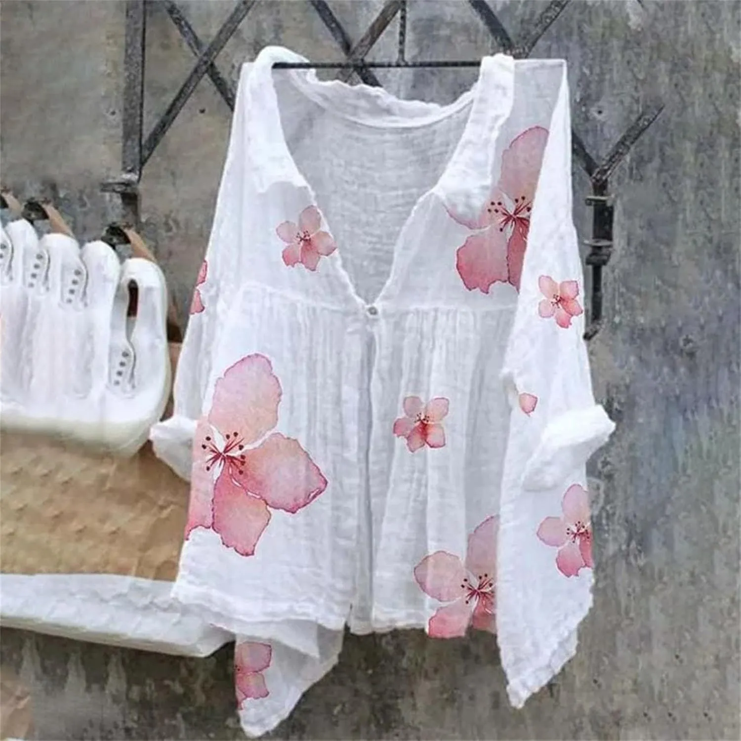 Womens Linen Tops Print Natural Autumn Fragrant Fabric Shirt Women Button Down Shirt Womens Linen Button Down Shirts