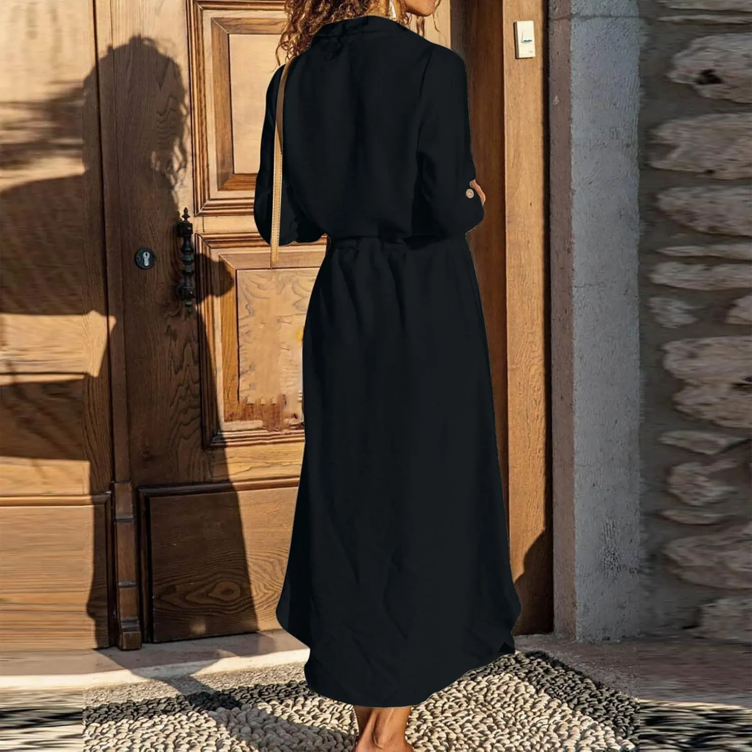 Women's Long Sleeve Cotton Linen Sundress Button Up Lightweight Midi Dresses Flowy Trendy Long Dress