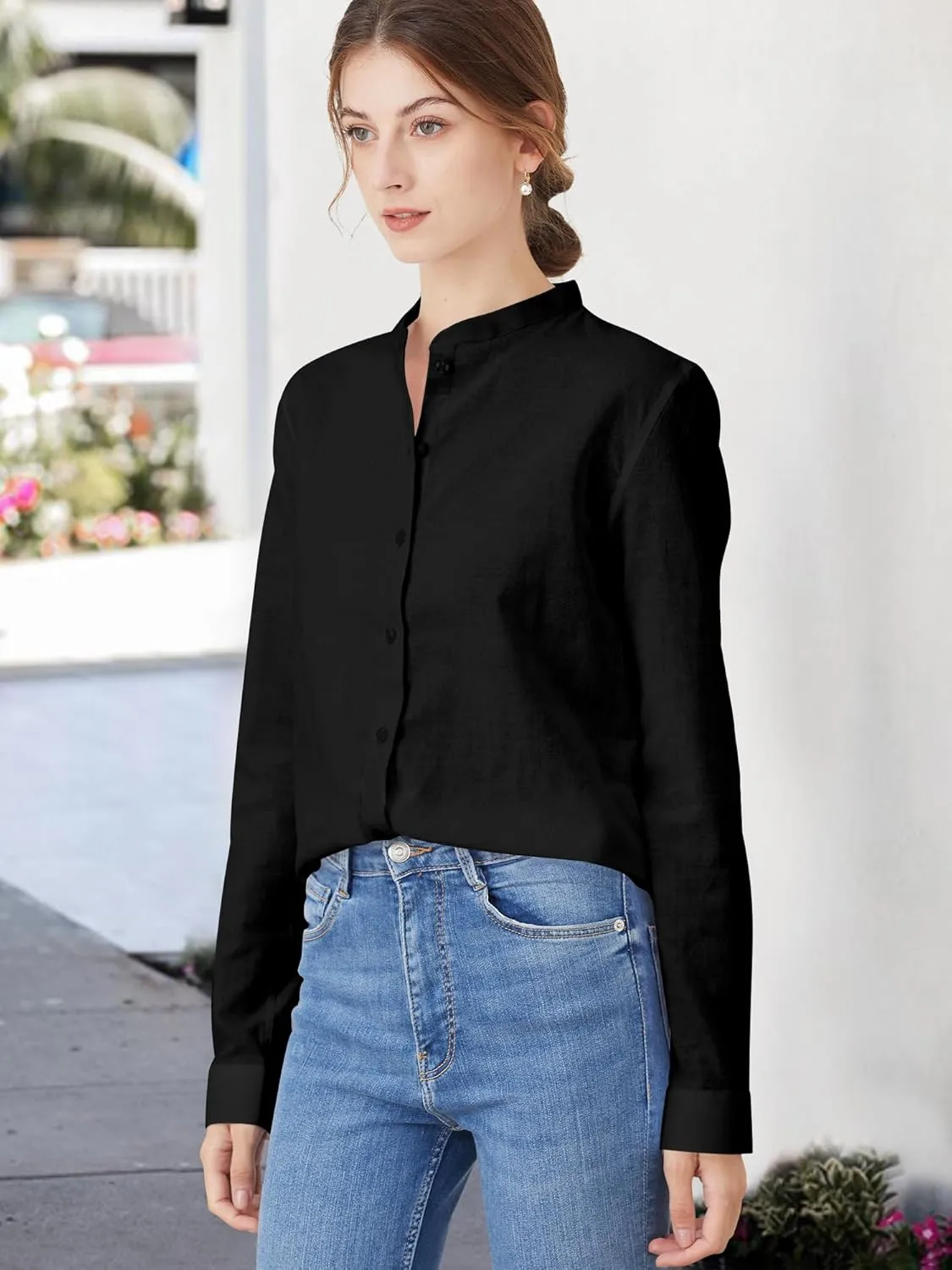 Women's Mandarin Collar Button-Down Shirts Casual Cotton Long Sleeve Blouses