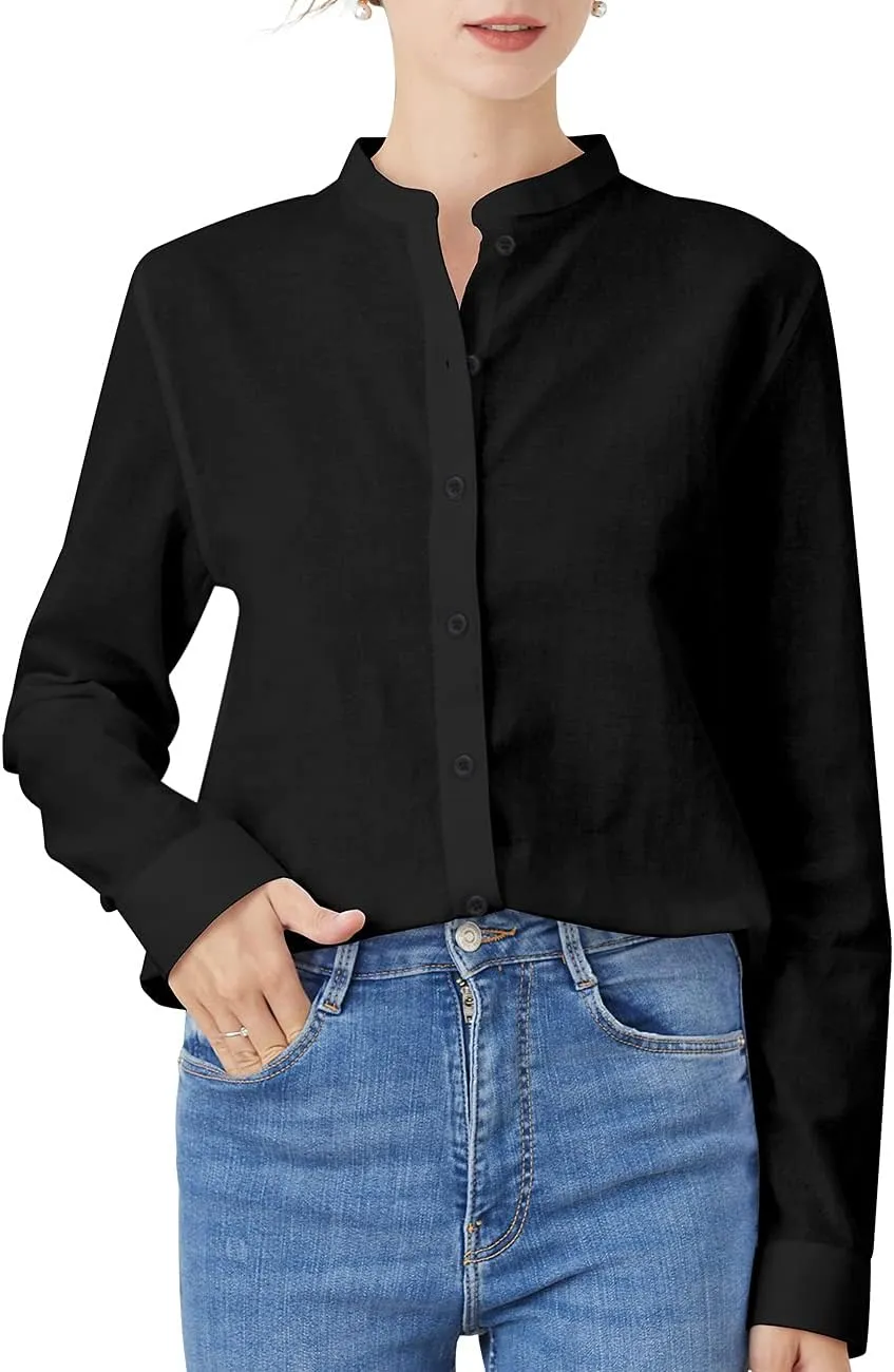 Women's Mandarin Collar Button-Down Shirts Casual Cotton Long Sleeve Blouses