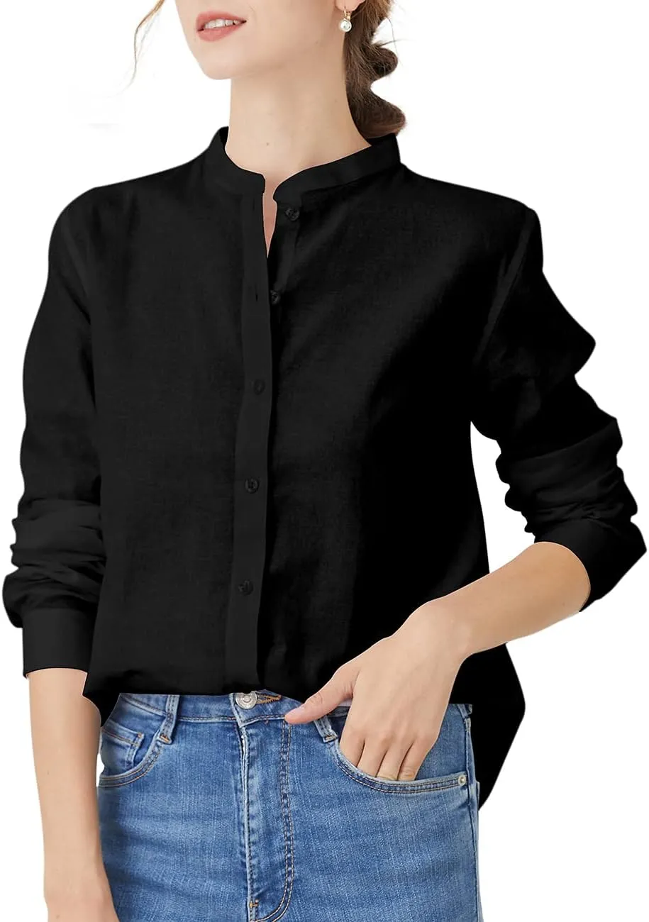 Women's Mandarin Collar Button-Down Shirts Casual Cotton Long Sleeve Blouses
