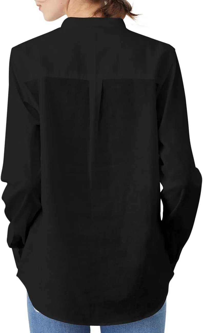 Women's Mandarin Collar Button-Down Shirts Casual Cotton Long Sleeve Blouses