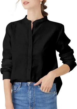 Women's Mandarin Collar Button-Down Shirts Casual Cotton Long Sleeve Blouses