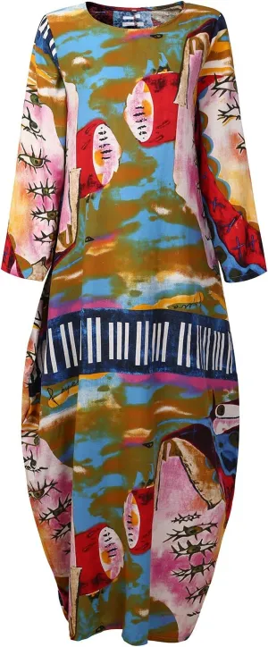 Women's Plus Size Loose Cotton Linen Long Kaftan Dress with Pockets
