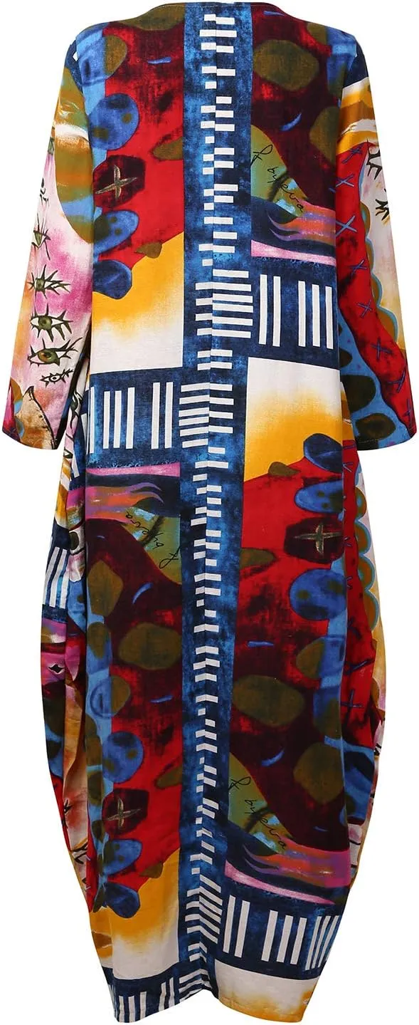 Women's Plus Size Loose Cotton Linen Long Kaftan Dress with Pockets