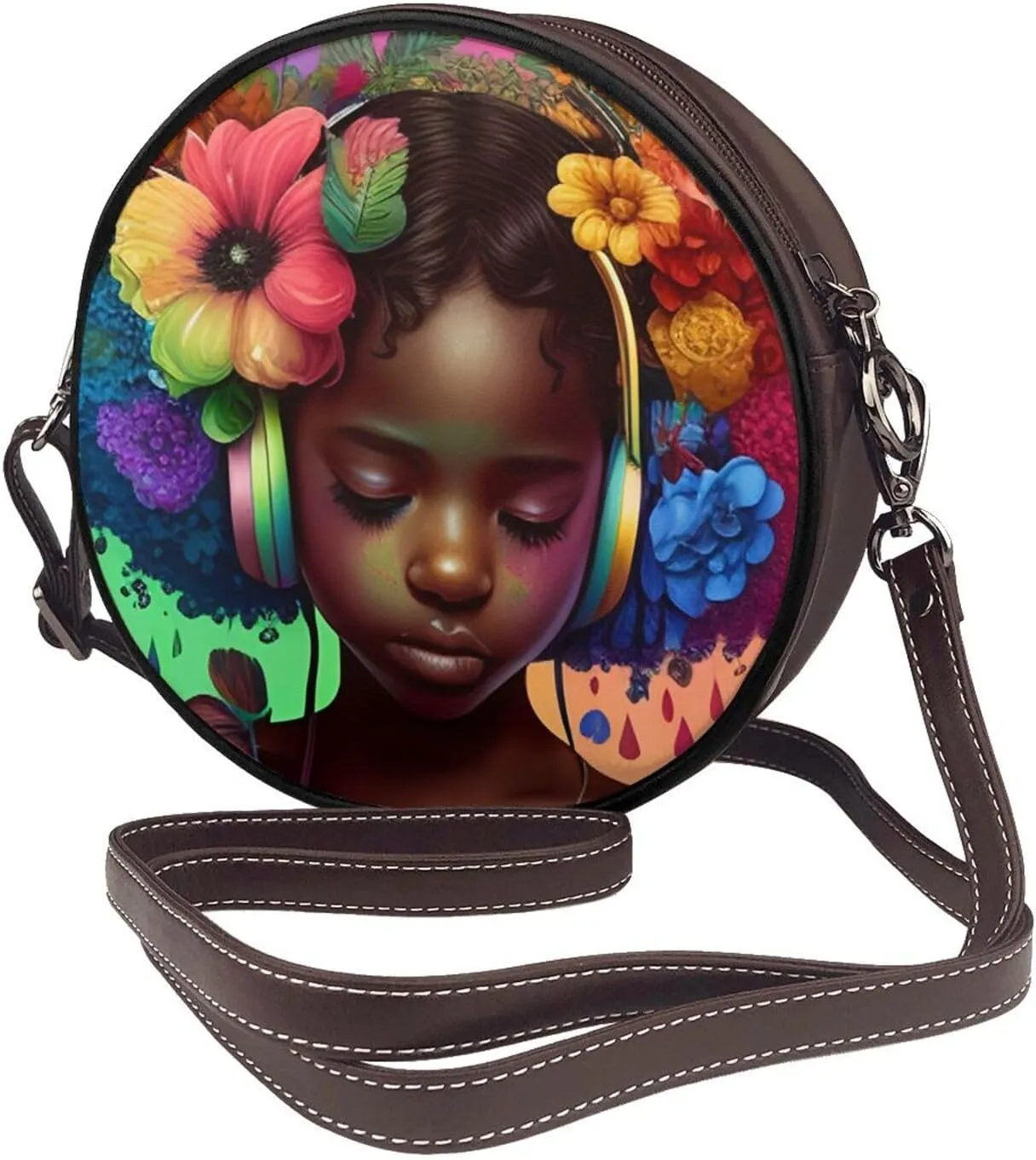 Women's PU Leather Round Crossbody Purse Handbag Crossbody Shoulder Bag for Travel Outdoor