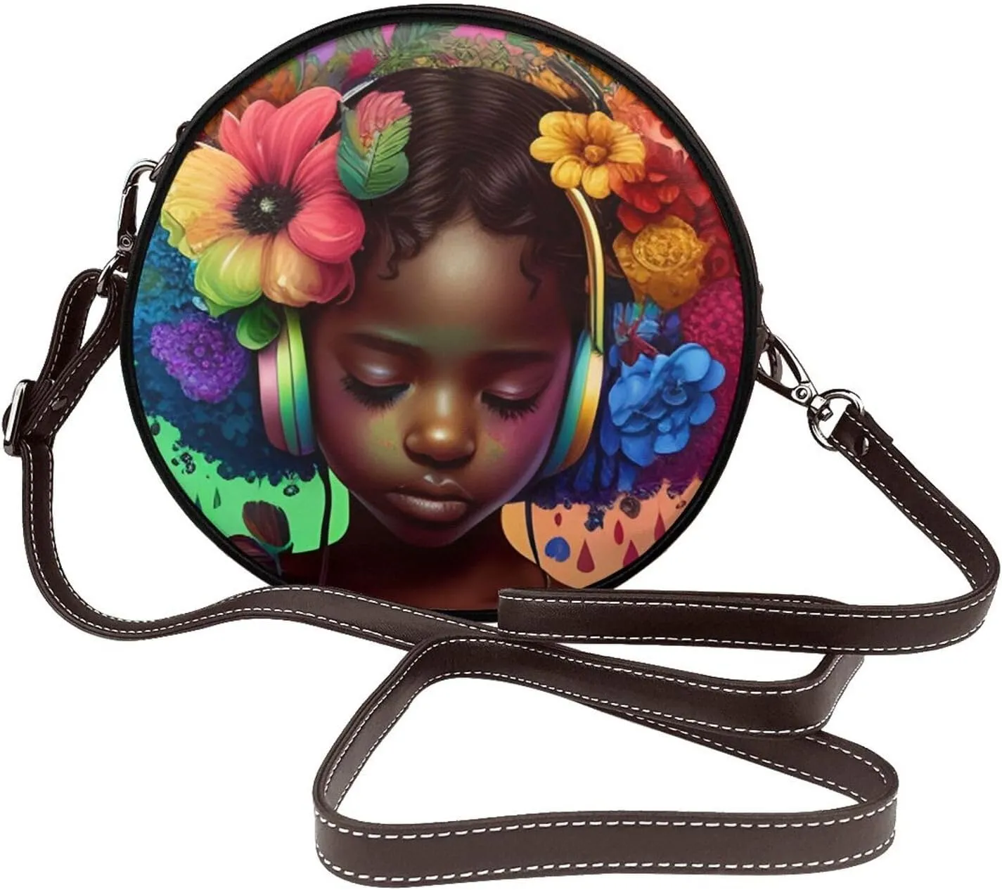 Women's PU Leather Round Crossbody Purse Handbag Crossbody Shoulder Bag for Travel Outdoor