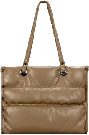 Womens Quilted Shoulder Bags Large PU Leather Tote Purse Padding Down Cotton Handbag Crossbody Top Handle Satchel