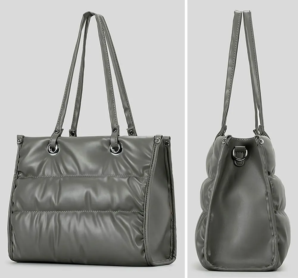 Womens Quilted Shoulder Bags Large PU Leather Tote Purse Padding Down Cotton Handbag Crossbody Top Handle Satchel