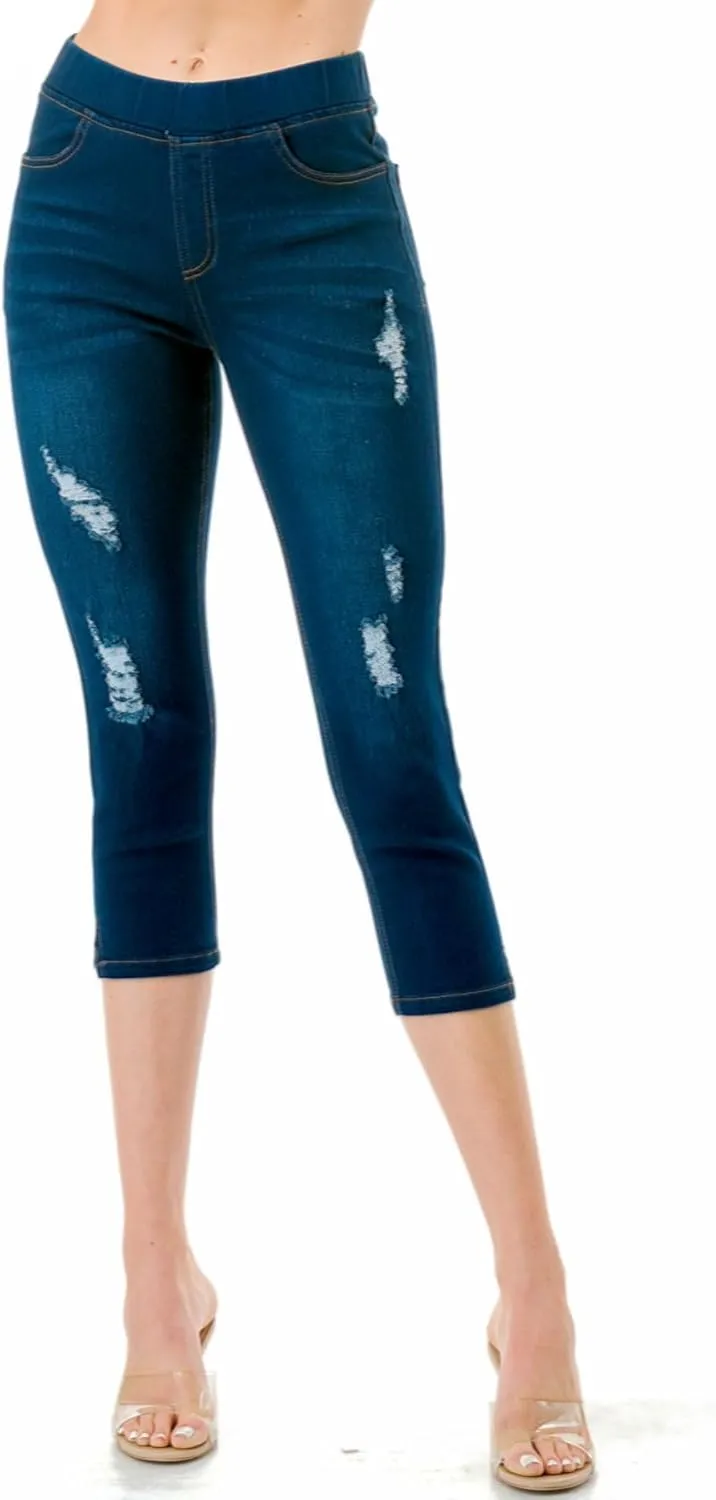 Women's Ripped Destroyed Skinny Jeans & Jeggings Pull-On Elastic Waist Stretch Denim Pants Regular-Plus Size