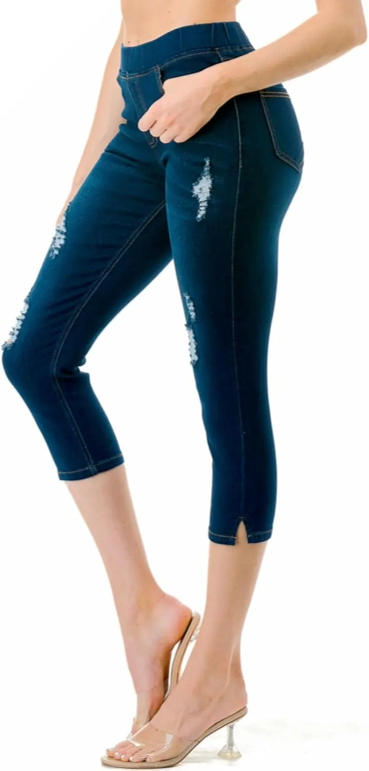 Women's Ripped Destroyed Skinny Jeans & Jeggings Pull-On Elastic Waist Stretch Denim Pants Regular-Plus Size
