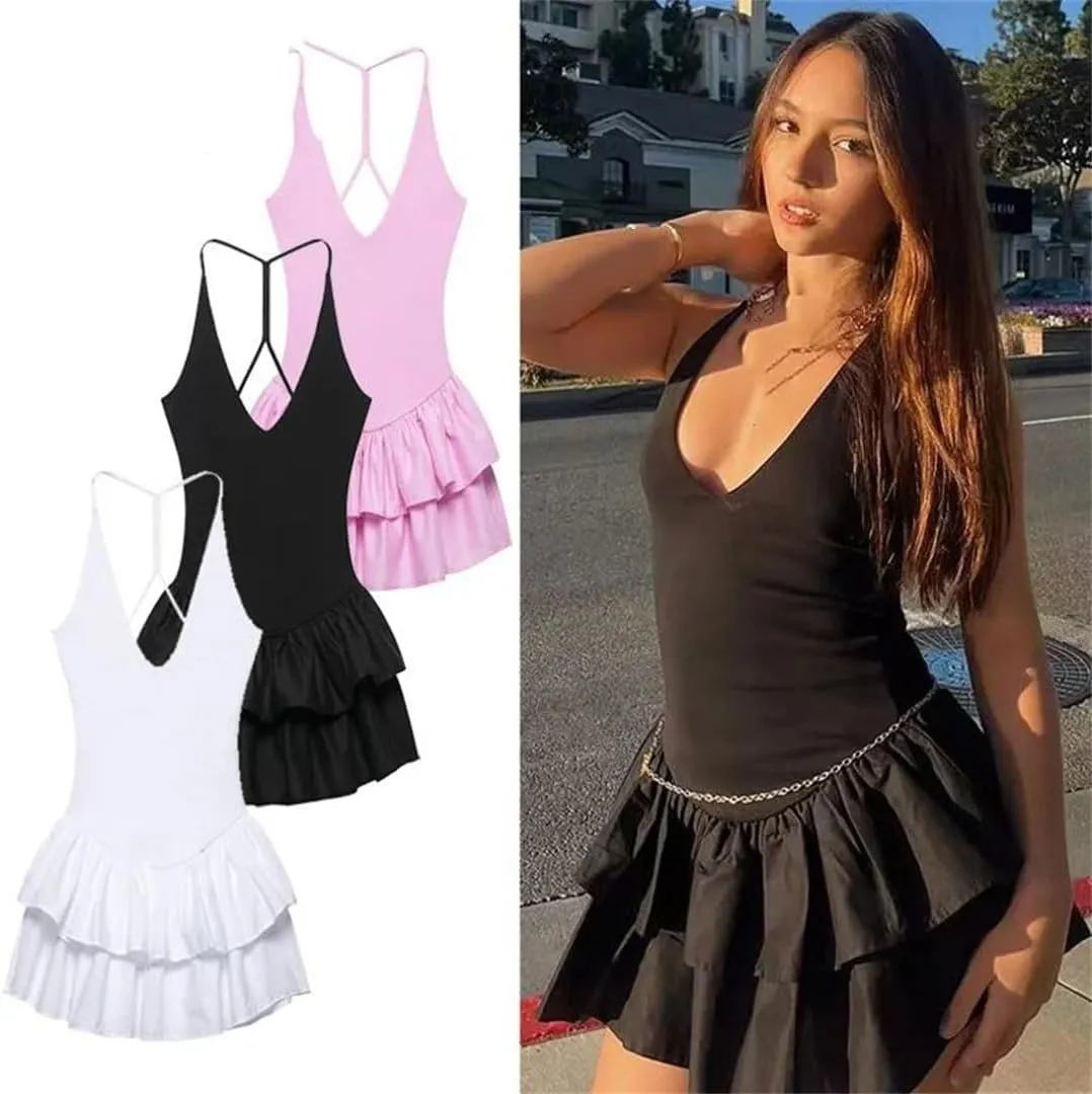 Womens Ruffled Halter Dress Summer Black Pink White Dress Mini Layered Backless Short Dresses