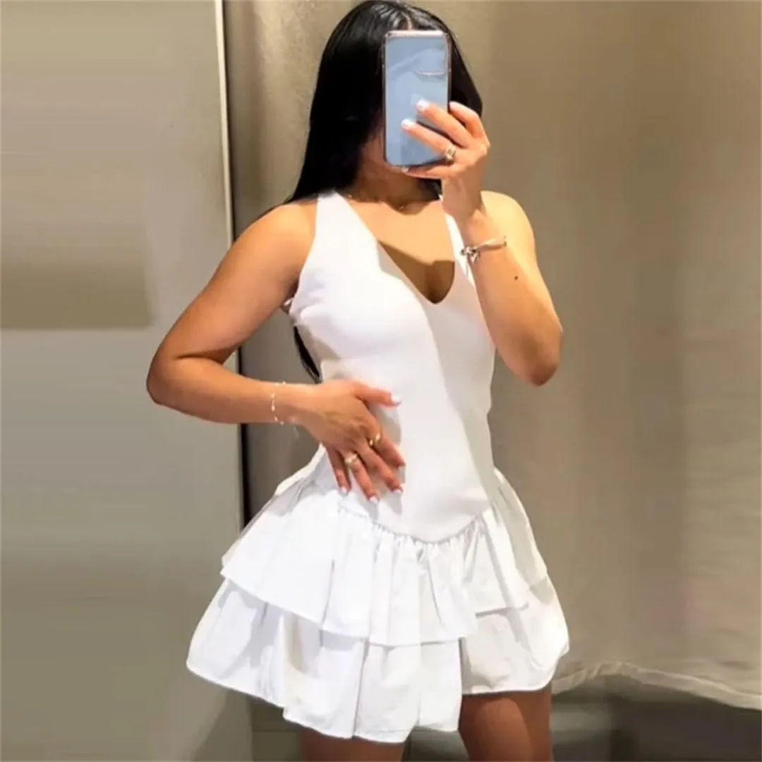 Womens Ruffled Halter Dress Summer Black Pink White Dress Mini Layered Backless Short Dresses