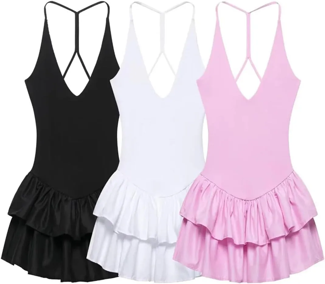 Womens Ruffled Halter Dress Summer Black Pink White Dress Mini Layered Backless Short Dresses