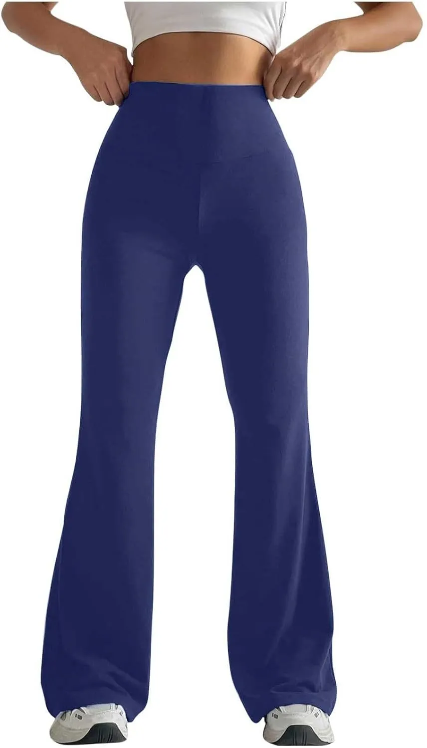 Womens Stretch High Waist Leggings Regular Fitted Solid Flared Pants Active Workout Yoga Pants Seamless