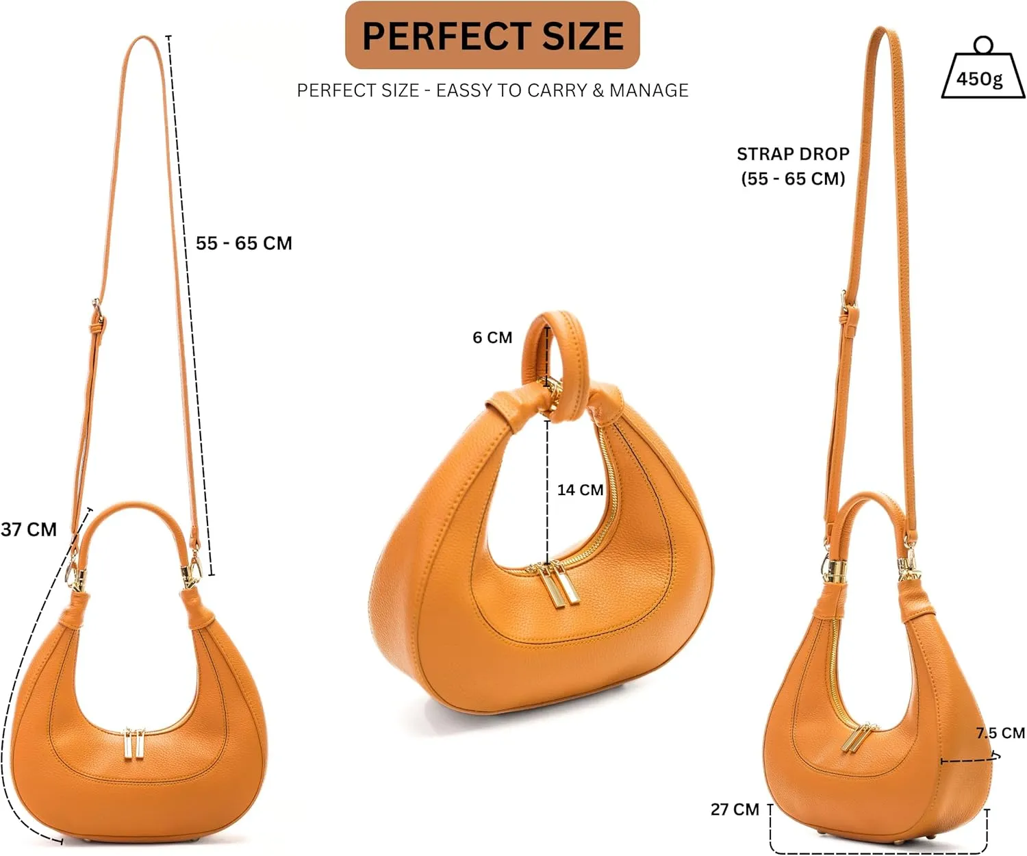 Women's Structured Faux Leather Half Moon Shoulder Bag with Top Handle and Long Strap – Selene