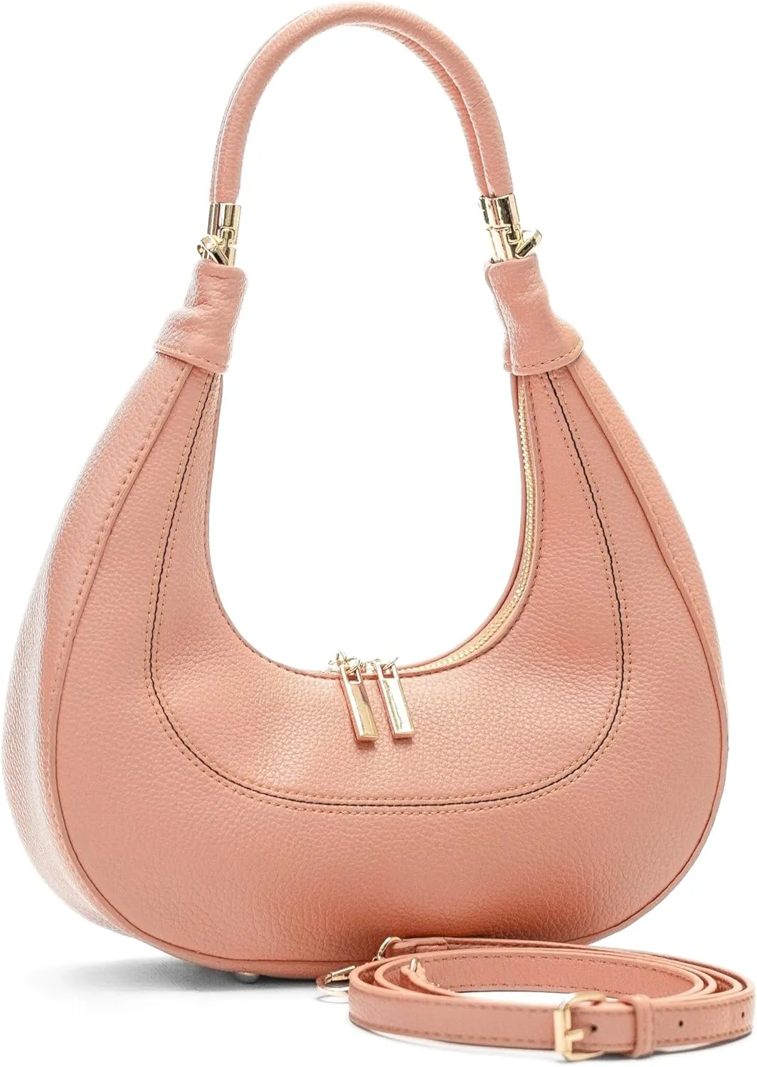 Women's Structured Faux Leather Half Moon Shoulder Bag with Top Handle and Long Strap – Selene