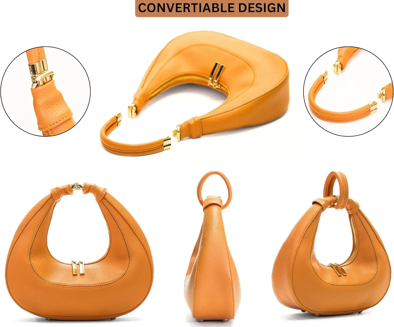 Women's Structured Faux Leather Half Moon Shoulder Bag with Top Handle and Long Strap – Selene