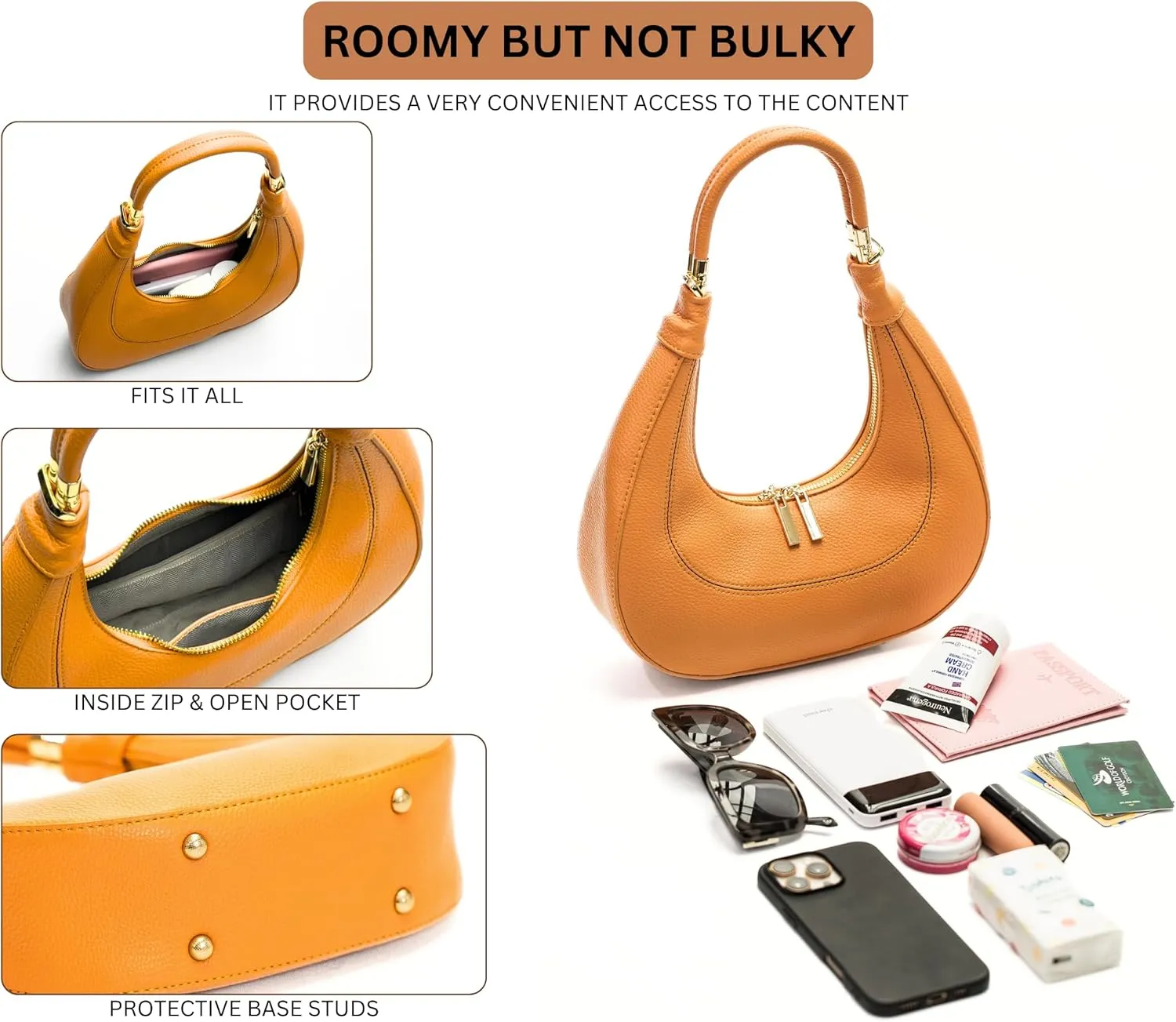 Women's Structured Faux Leather Half Moon Shoulder Bag with Top Handle and Long Strap – Selene