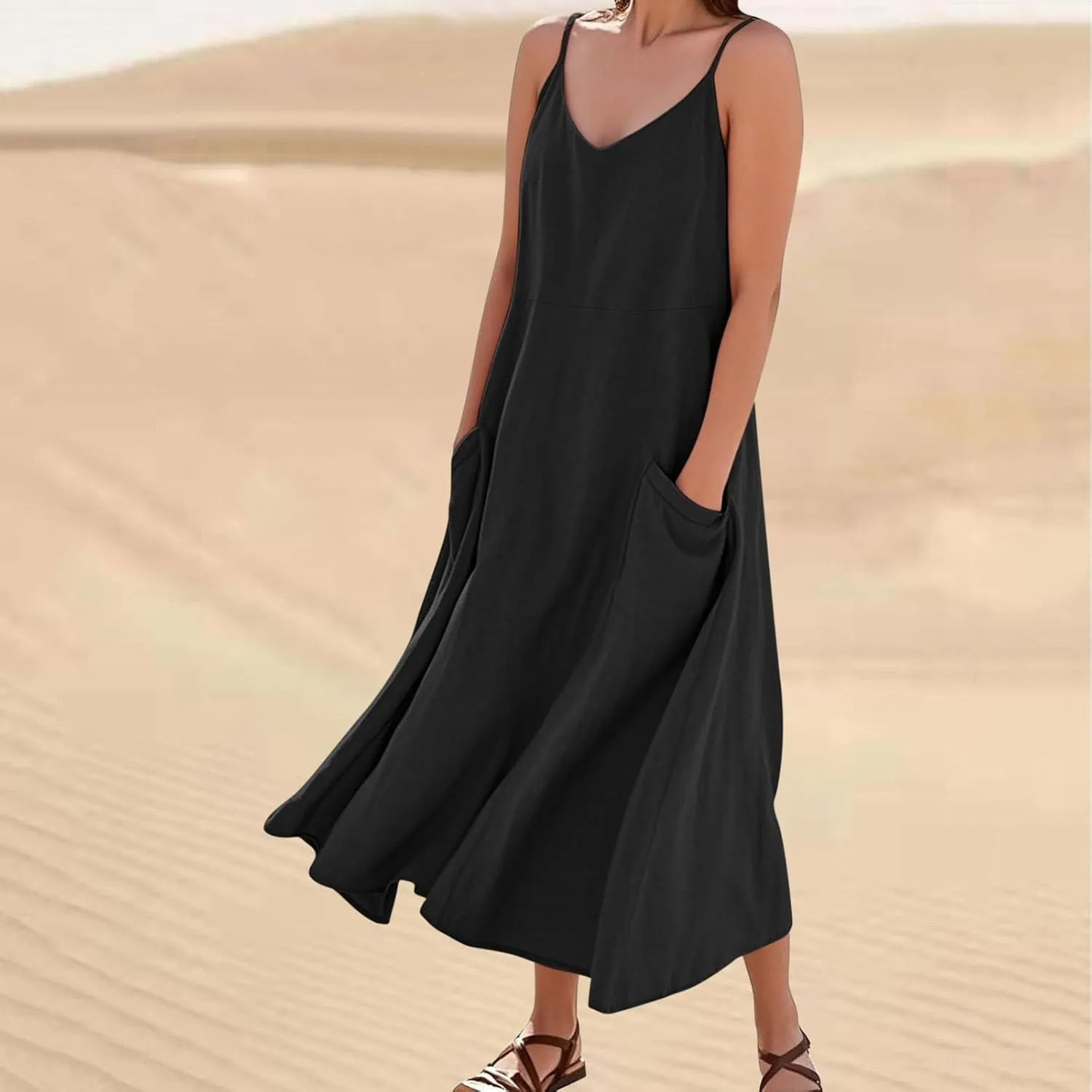Women's Summer Cotton Linen Long Dress Sleeveless Elegant Flowy Beach Dresses Loose Comfy Maxi Dress with Pockets