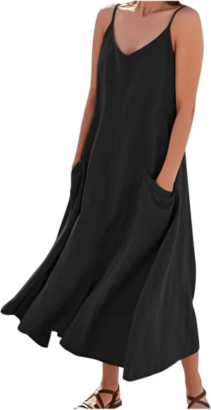 Women's Summer Cotton Linen Long Dress Sleeveless Elegant Flowy Beach Dresses Loose Comfy Maxi Dress with Pockets