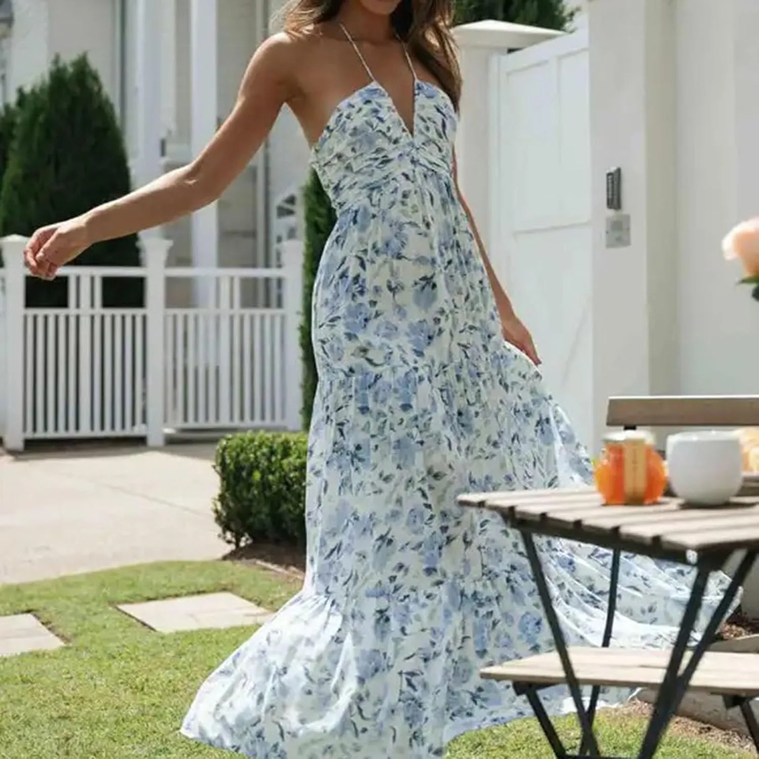 Women's Suspender V Neck Long Patchwork Dress Temperament Off Shoulder Casual Dresses Cute Summer Cute Winter Dresses